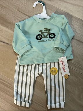 Cat & Jack Mint Green 'Wheely Cute' Baby Outfit with Striped Pants